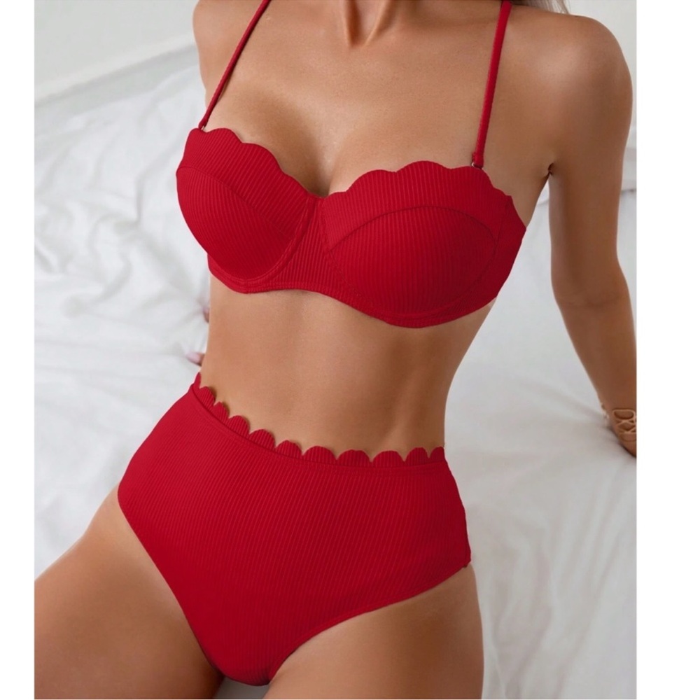 Solid Ribbed Scallop Detail High Waisted Bikini Swimsuit S M L XL